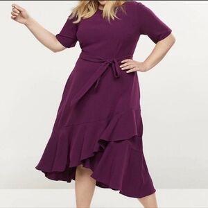 Lane Bryant Purple Ruffled High Low Hem Midi Belted Short Sleeve Dress- 14